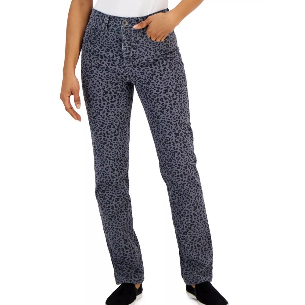 NWT Style & Co Animal/Cheetah Print Denim Straight Leg Jeans, Charcoal Grey, 14